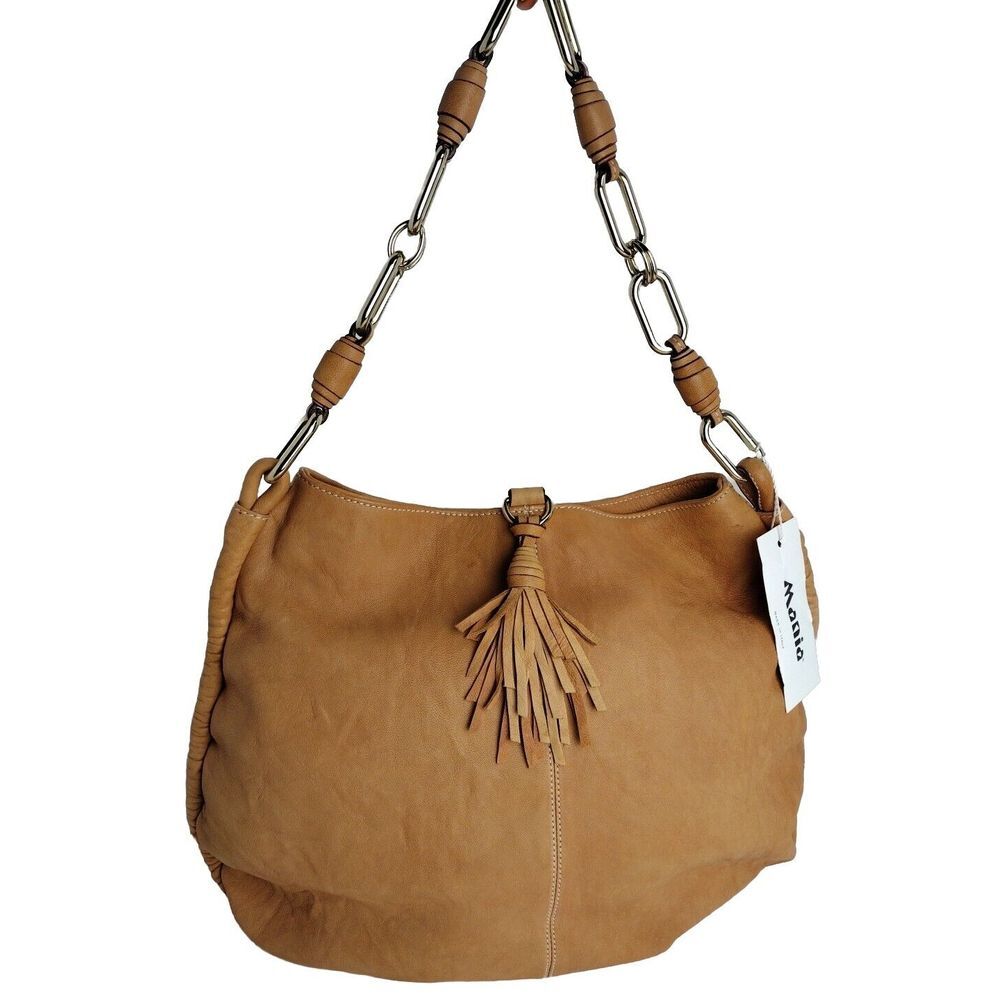 MANIA ITALIAN Caramel Brown Botero Leather Handbag Purse With Chain Handle NWT